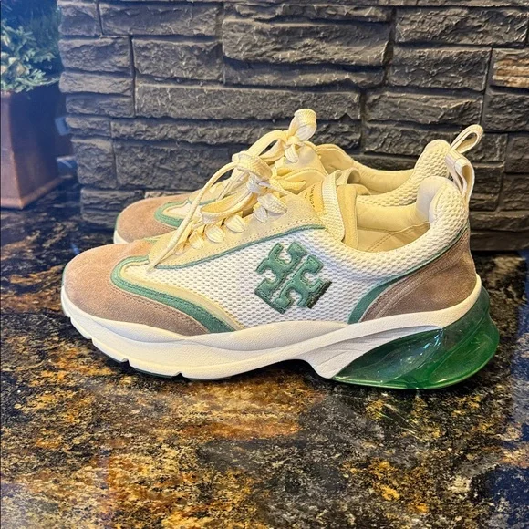 Tory Burch GOOD LUCK TRAINER Cream and Green Sneakers - Picture 1 of 5
